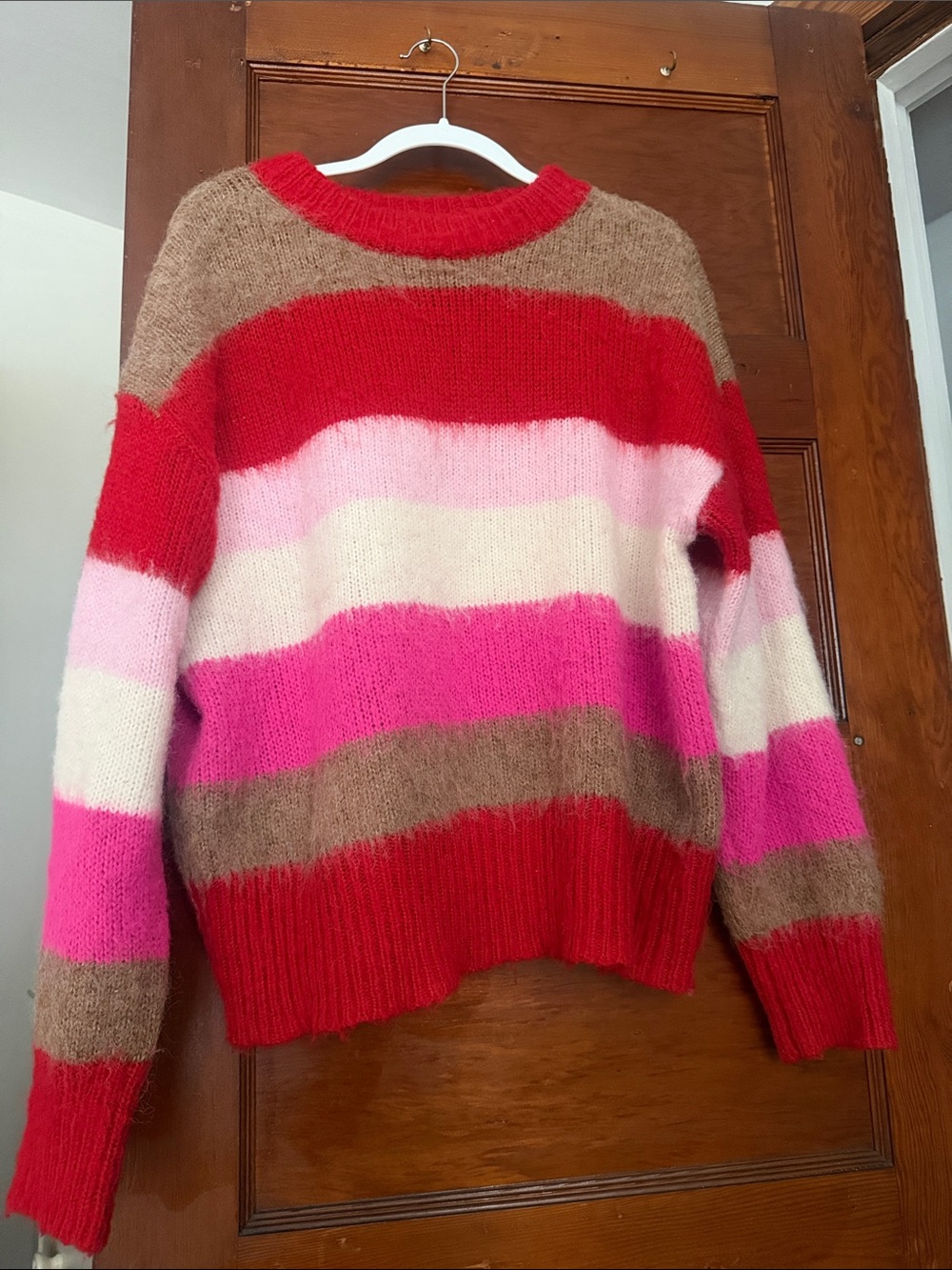 a new day Striped Crewneck Sweater in Red, Hot Pink, Light Pink, Cream, Brown